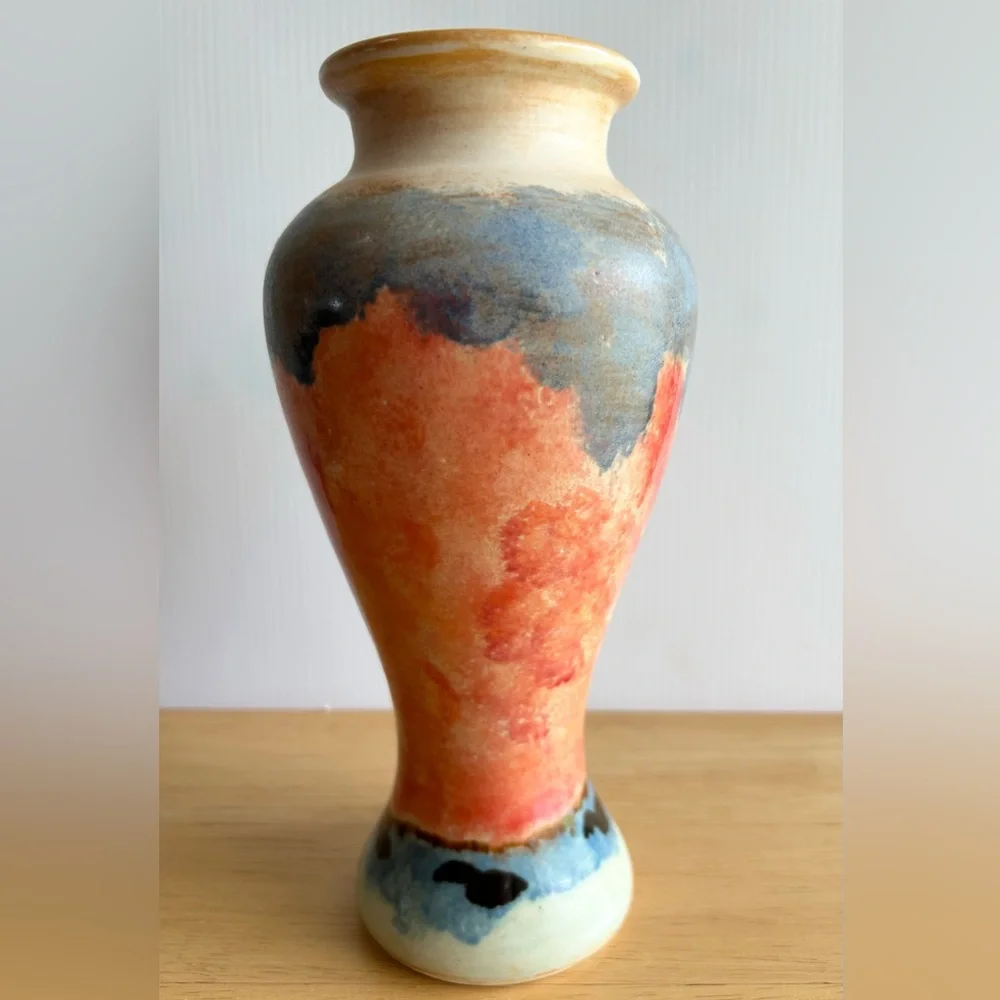 VTG Madrigal Stoneware Vase Handmade/Painted Multi Color‎ Glaze Art Deco 8.25”